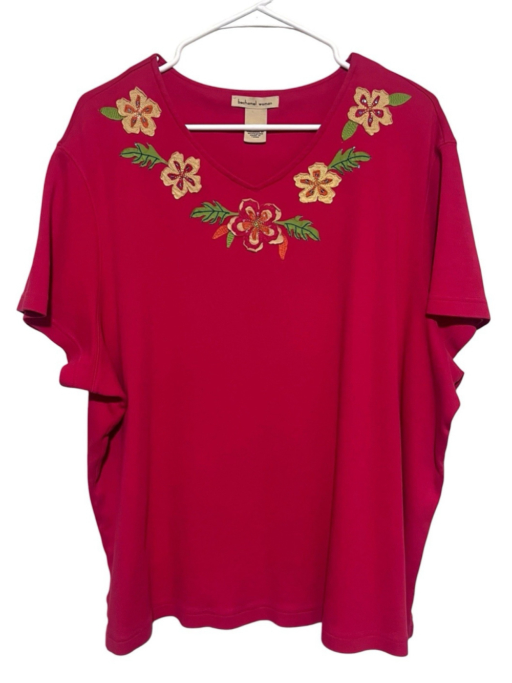 Bechamel Floral Top Women’s 2X Pink Embroidered Flower Appliqués Tropical Shirt